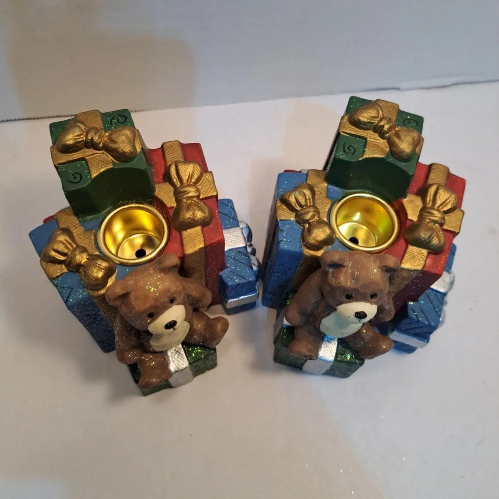 Vintage Christmas Present Teddy Bears Tapered Candle Holders Set of 2